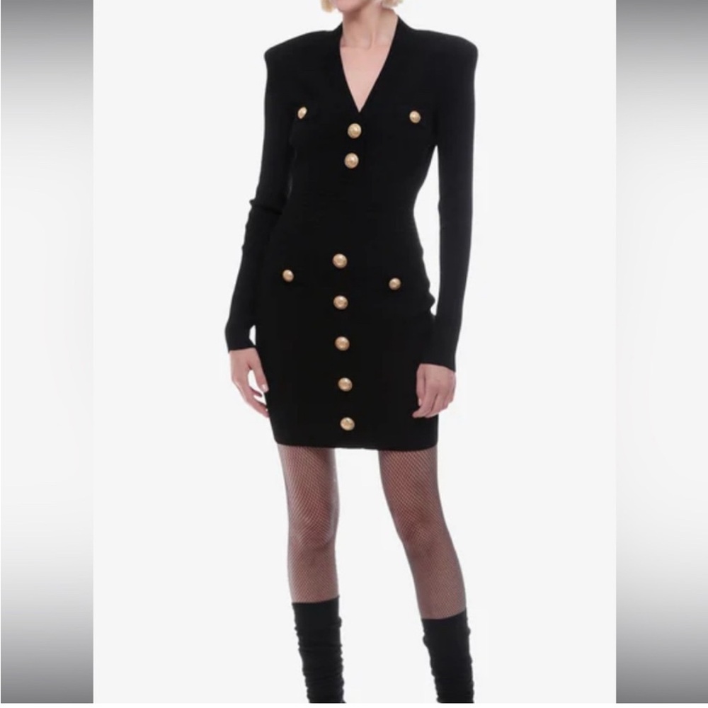 Black Long-Sleeve Double-Breasted Mini Dress with Gold Buttons